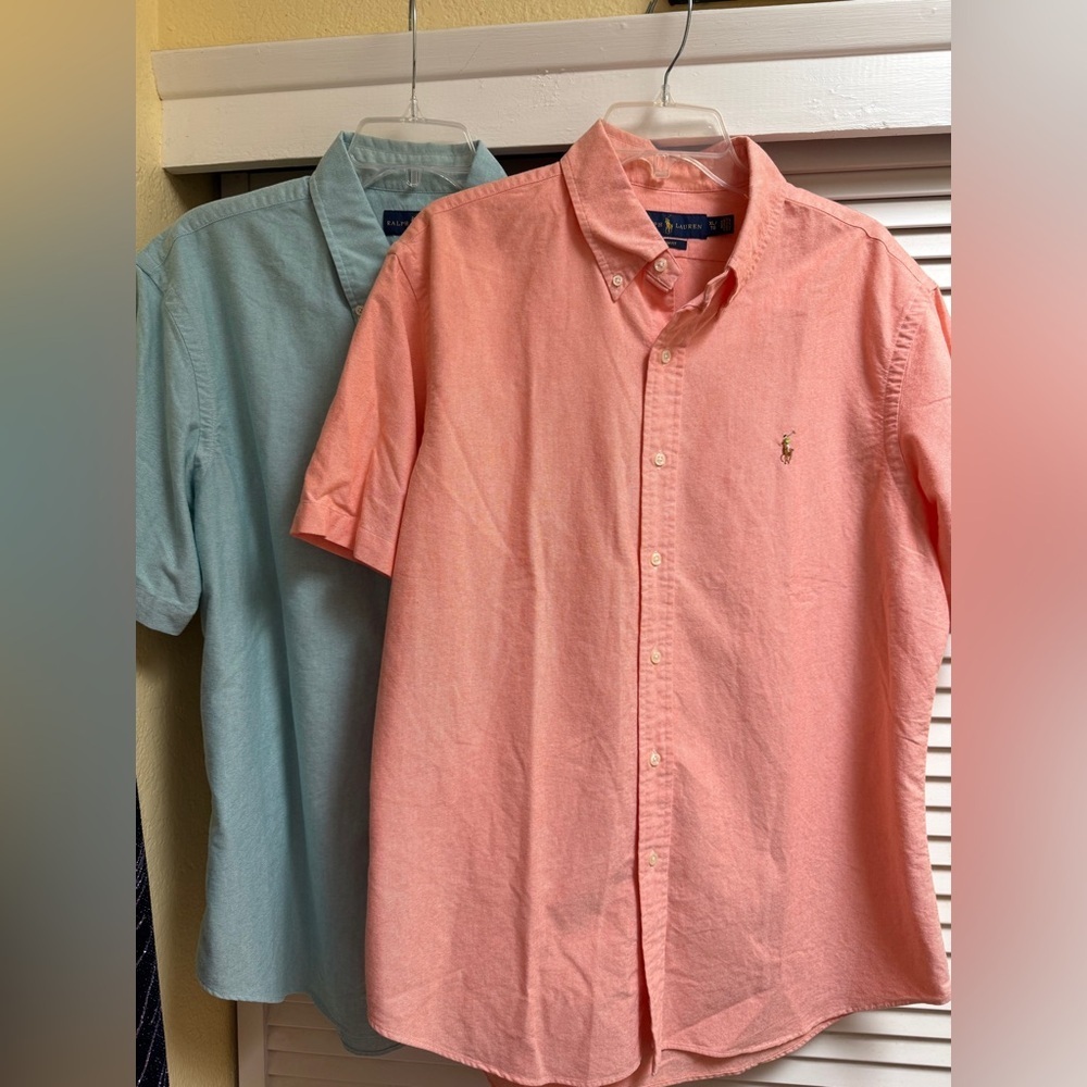 Ralph Lauren Coral & Mint Blue Green Short-Sleeve Button-Down Shirts Men’s Sz XL